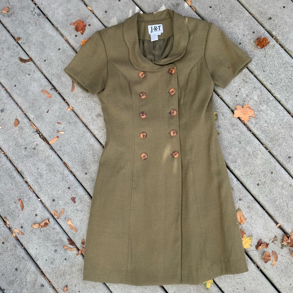 Vintage Olive Double-Breasted Mini Dress | 90’s Short Sleeve Button Front Dress - Picture 6 of 6